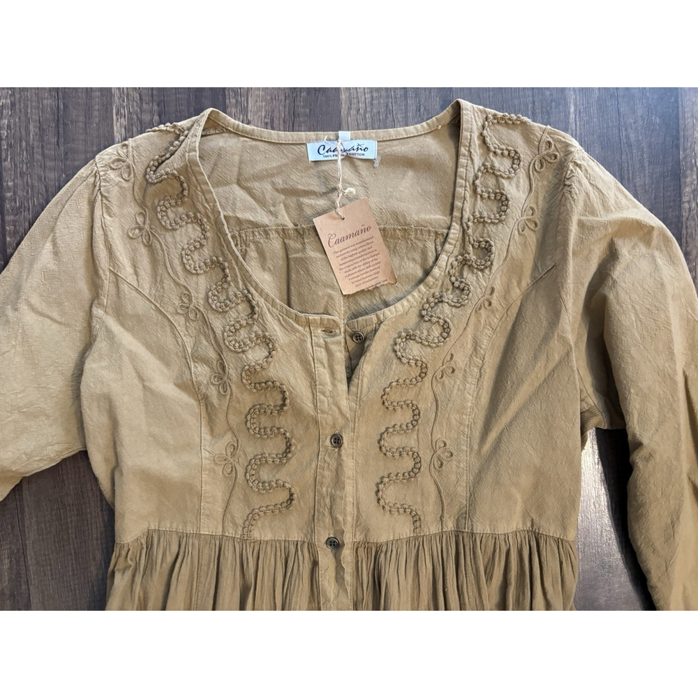 Caamano Peruvian Cotton Dress Size Large Brown Bridgett Dress Cinch Hem Natural - Picture 3 of 7